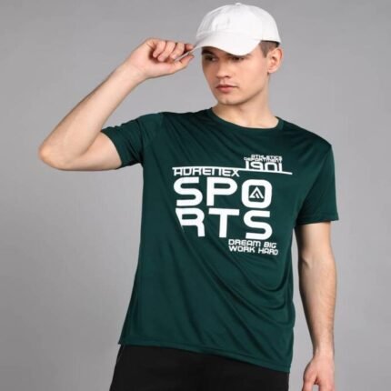 Adrenex Men Printed Round Neck Polyester Dark Green T-Shirt