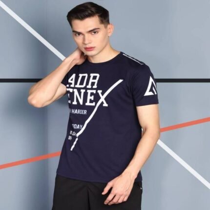 Adrenex Men Printed Round Neck Polyester Dark Blue T-Shirt