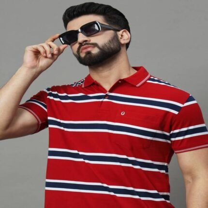 LEVI Men Striped Polo Neck Cotton Blend Red T-Shirt