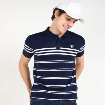 PROVOGUE Striped Men Polo Neck Blue T-Shirt