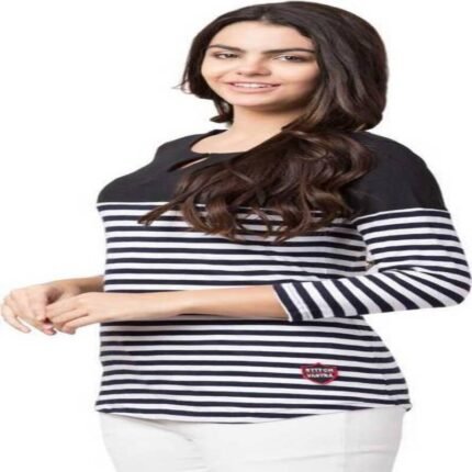 VIMAL Women Striped Key Hole Neck Cotton Blend Black T-Shirt